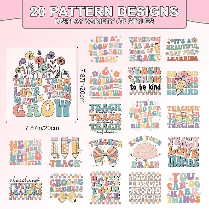 Shejdgart Dtf Transfers Ready to Press - 20 Pcs Teacher Iron on Patches for T-Shirts, Colorful Bow Daisy Heat Transfer Designs Vinyl Stickers, Inspirational Iron on Decals for DIY Clothes Bags - Image 2